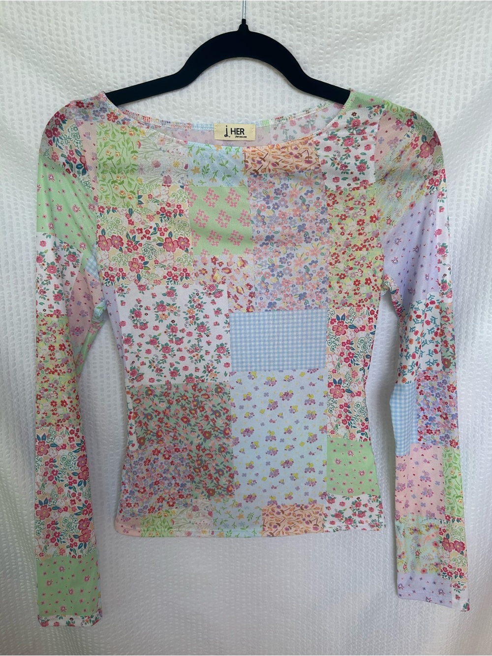 J.Her Pastel Floral Patchwork Mesh Long Sleeve Top Size Small